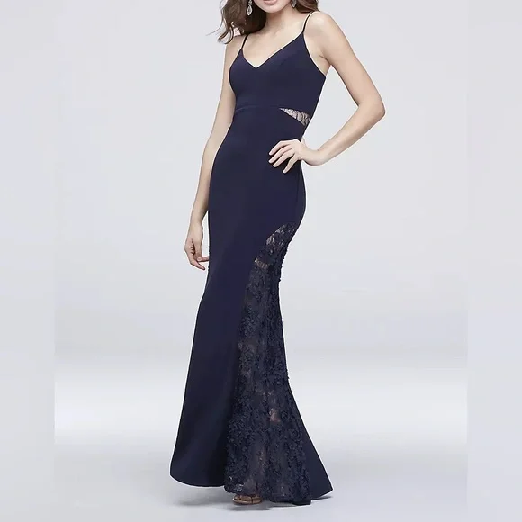 betsy and adam navy lace dress Betsy & Adam Women's Ruched Lace Sleeve Gown